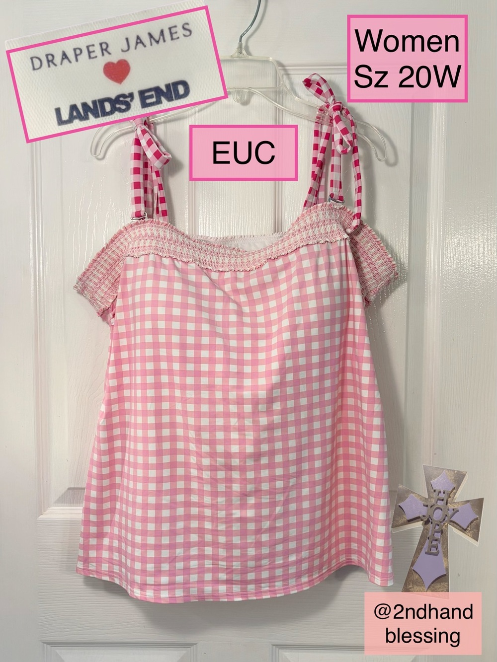 EUC Draper James X Lands' End Pink Gingham Tie-Shoulder Tankini Swim Top, Sz 20W